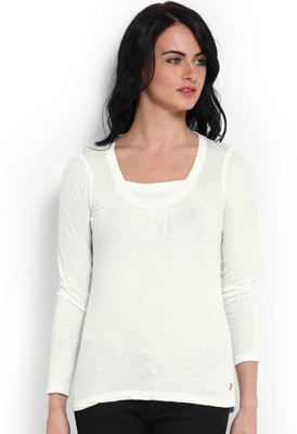 

Espresso Solid Women's Round Neck White T-Shirt