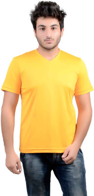 

DS WORLD Solid Men' V-neck Yellow T-Shirt, Golden yellow