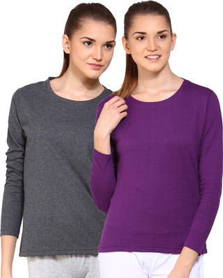 

Ap'pulse Solid Women's Round Neck Grey, Purple T-Shirt(Pack of 2), _amel_lilc