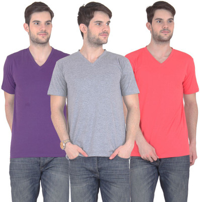 

FnMe Solid Men's V-neck Multicolor T-Shirt(Pack of 3, Carrot;grey;purple