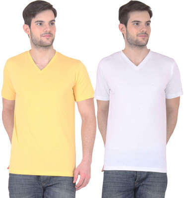 

E'Hiose Solid Men' V-neck Multicolor T-Shirt(Pack of 2, White;yellow