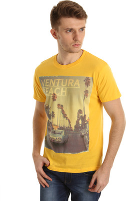 

Indian Terrain Printed Men' Round Neck Yellow T-Shirt, Cream yellow