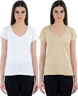 

Ultra Fit Solid Women's V-neck Multicolor T-Shirt(Pack of 2), Beige;owhite