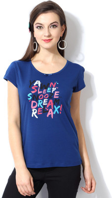 

Ajile by Pantaloons Printed Women's Round Neck Dark Blue T-Shirt, Royal blue