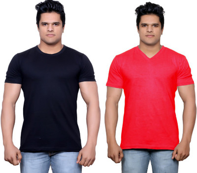 

IndiWeaves Solid Men' V-neck Black, Red T-Shirt(Pack of 2, Black;white