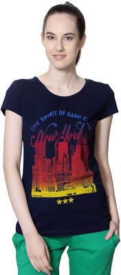 

Ajile by Pantaloons Printed Women's Round Neck Dark Blue T-Shirt, Ink navy