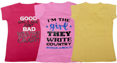 

IndiWeaves Girls Printed, Solid T Shirt(Multicolor, Pink & pink & yellow