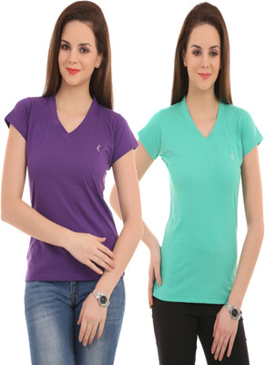 

Ultra Fit Solid Women's V-neck Blue, Purple T-Shirt(Pack of 2), Purple;tourq