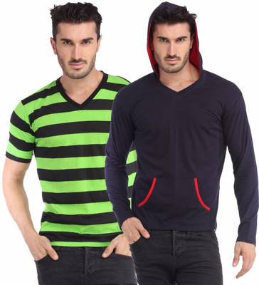 Leana Striped Men' Henley Multicolor T-Shirt(Pack of 2