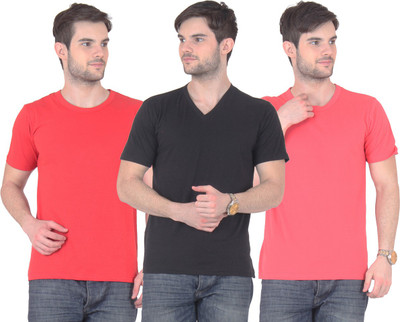

E'Hiose Solid Men's V-neck Multicolor T-Shirt(Pack of 3, Black_v;carrot_r;red_r