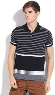 

The Privilege Club Striped Men' Polo Neck Black, Grey T-Shirt