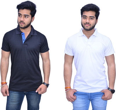 Himgiri Solid Men Polo Neck White, Blue, Black T-Shirt(Pack of 2)