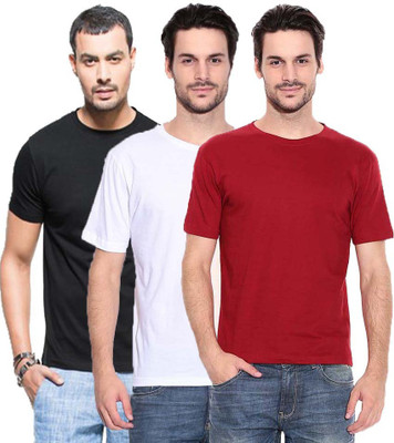 Purple Square Solid Men's Round Neck Reversible White, Red, Black T-Shirt(Pack of 3, Black;red;white