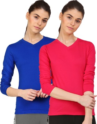 Ap'pulse Solid Women V Neck Blue, Pink T-Shirt