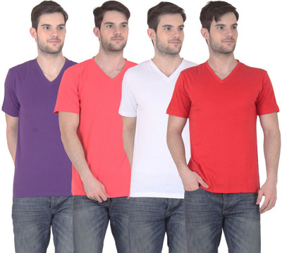 

FnMe Solid Men' V-neck Multicolor T-Shirt(Pack of 4, Carrot;purple;red;white