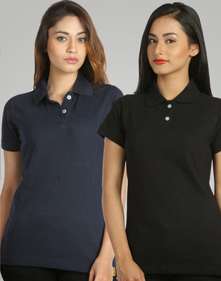 

Campus Sutra Solid Women's Polo Neck Blue, Black T-Shirt(Pack of 2)