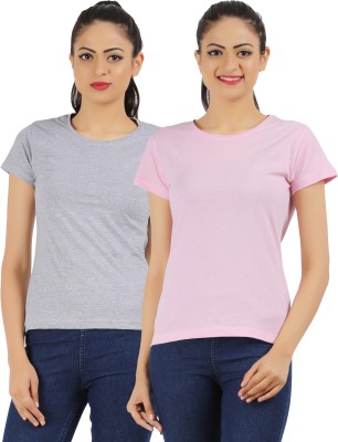 Ap'pulse Solid Women Round Neck Pink, Grey T-Shirt