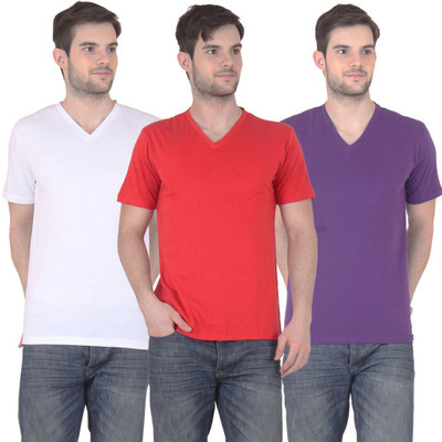 

FnMe Solid Men's V-neck Multicolor T-Shirt(Pack of 3, Purple;red;white