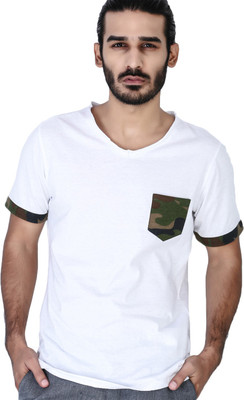 

Mr Button Solid Men's V-neck White T-Shirt