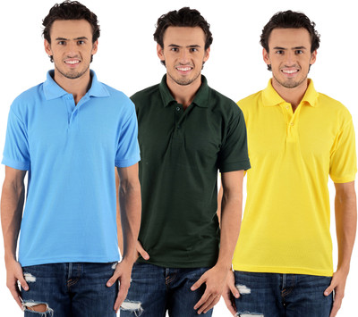 

Blaze Solid Men's Polo Neck Multicolor T-Shirt(Pack of 3, Dark green;sky blue;yellow