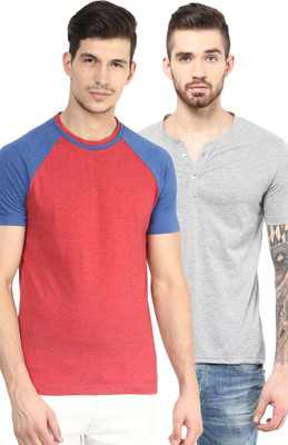 

Yellow Submarine Solid Men's Henley Grey, Red T-Shirt(Pack of 2)