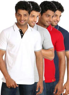 

Campus Sutra Solid Men Polo Neck Dark Blue, Grey, White, Red T-Shirt(Pack of 4)