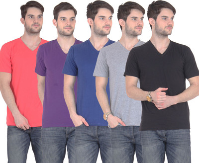 

E'Hiose Solid Men's V-neck Multicolor T-Shirt(Pack of 5, Black;blue;carrot;grey;purple