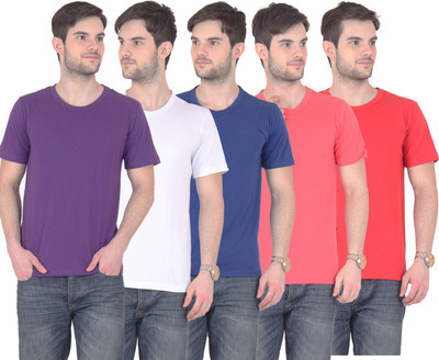 

E'Hiose Solid Men's Round Neck Multicolor T-Shirt(Pack of 5, Blue;gajri;purple;red;white