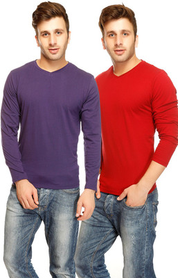 

Gritstones Solid Men's V-neck Blue, Maroon T-Shirt(Pack of 2, Navy/maroon