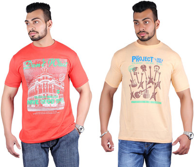 

Shineway Printed Men's Round Neck Multicolor T-Shirt(Pack of 2, Lightred;orange