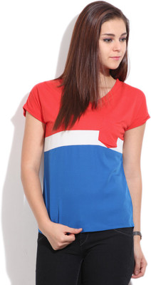 

Flying Machine Striped Women's V-neck White, Blue, Red T-Shirt, Fiery red