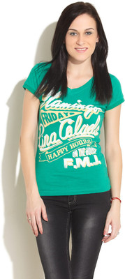 

Flying Machine Printed Women's V-neck Light Green T-Shirt