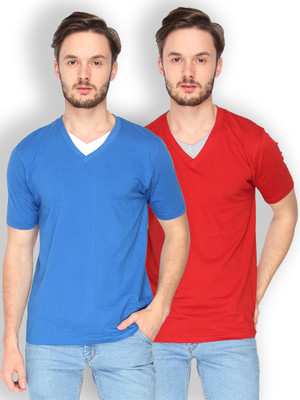 

Campus Sutra Solid Men V-neck Blue, Red T-Shirt(Pack of 2