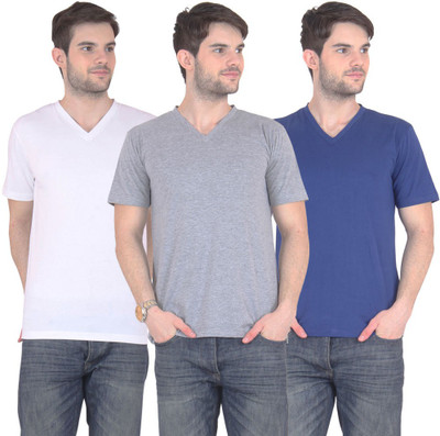 

E'Hiose Solid Men' V-neck Multicolor T-Shirt(Pack of 3, Blue;grey;white
