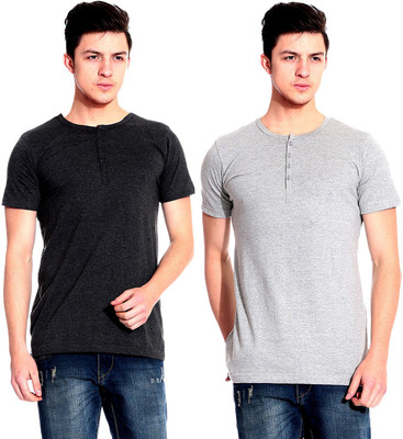 

Lemon & Vodka Solid Men's Henley Grey, Black T-Shirt(Pack of 2)