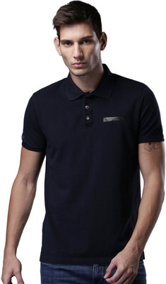 WROGN Solid Men Polo Neck Dark Blue T-Shirt