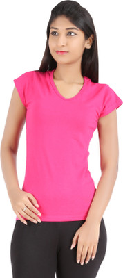 

Rham Gold Solid Women' V-neck Pink T-Shirt, Rani