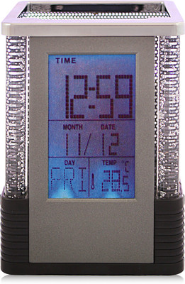 

Fieesta Silver and Black Table Clock with Square Pen Holder Stand Digital Grey Clock
