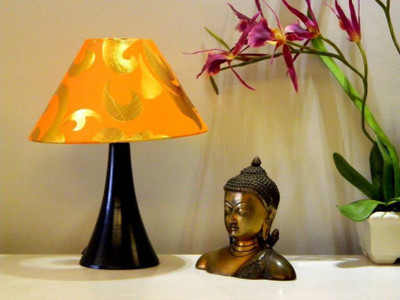 

RDC Black Conical Stand Table Lamp with 10" Round Orange with Golden Designer Lamp Shade Table Lamp(32 cm, Black)