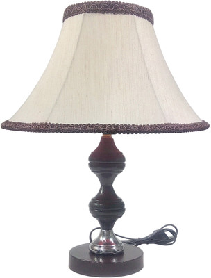 

RDC Brown Silver Stand Table Lamp with 10" Round Slanting Cream-khadi with Brown Lace Border Lamp Shade Table Lamp(32 cm, Brown)