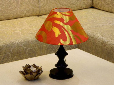 

RDC Black Double Ring Stand Table Lamp with 10" Round Red with Golden Designer Lamp Shade Table Lamp(32 cm, Black)