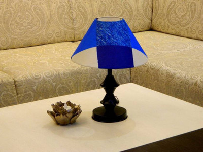 

RDC Black Double Ring Stand Table Lamp with 10" Round Blue Checks Designer Lamp Shade Table Lamp(32 cm, Black)