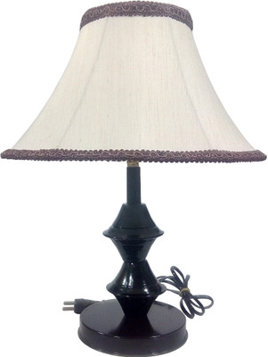 

RDC Black Double Ring Stand Table Lamp with 10" Round Slanting Cream-khadi with Brown Lace Border Lamp Shade Table Lamp(32 cm, Black)