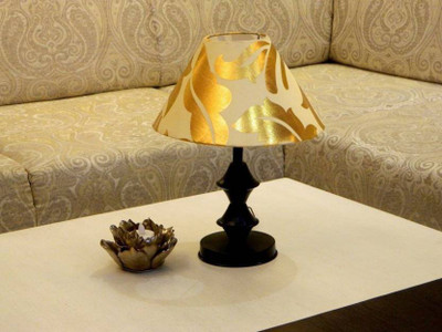 

RDC Black Double Ring Stand Table Lamp with 10" Round Cream with Golden Designer Lamp Shade Table Lamp(32 cm, Black)