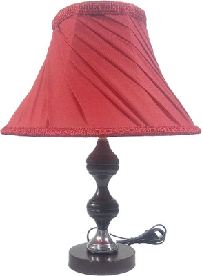 

RDC Brown Silver Stand Table Lamp with 10" Round Slanting Pleated Red with Lace Border Lamp Shade Table Lamp(32 cm, Brown)