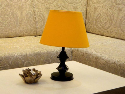 

RDC Black Double Ring Stand Table Lamp with 10" Oval Plain Yellow Lamp Shade Table Lamp(32 cm, Black)