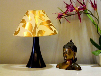 

RDC Black Conical Stand Table Lamp with 10" Round Cream with Golden Designer Lamp Shade Table Lamp(32 cm, Black)