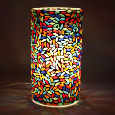 Earthenmetal Handcrafted Black And White Mosaic Style Decorated Earthenmetal Handcrafted Cylindrical Shaped Coloured Mosaic Design Decorated Glass Table Lamp 20 Cm Multicolor