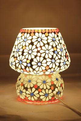 

Glitz Tiffany Hand made Ethnic Style (White Flower) Table Lamp(16 cm, Multicolor)