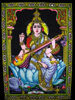 

Amazing India Goddess Saraswati Tapestry Sequin Cotton Wall Hanging AISBL016 Goddess Tapestry(Multicolor)
